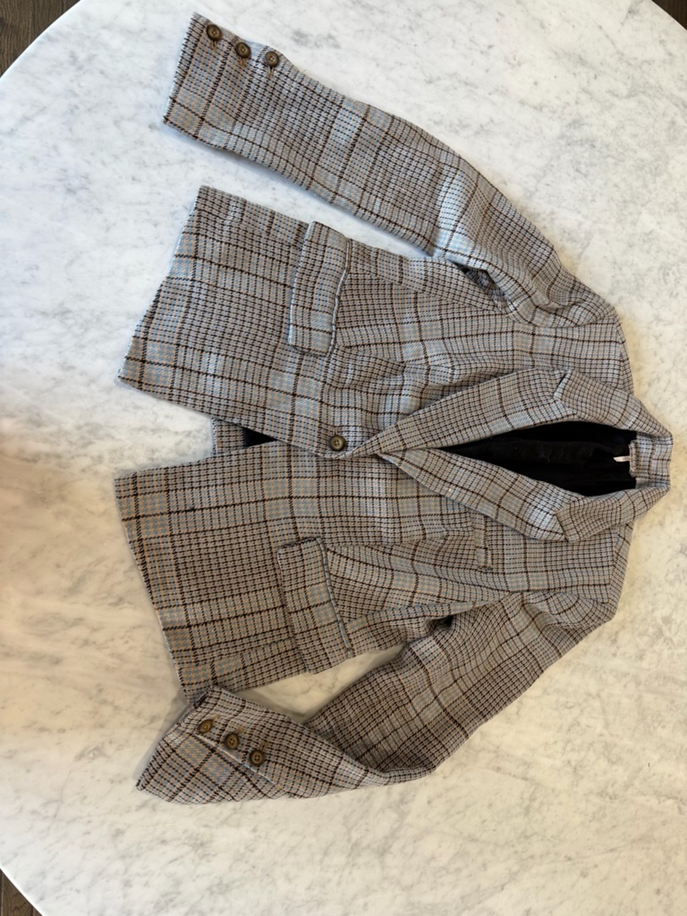 ⸻
Free People Simply Plaid Blazer Linen Blend Blue Tan Check Size S